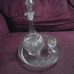 Very Old And Rare Hand Blown Liquor Decanter With Glass & Round Tray